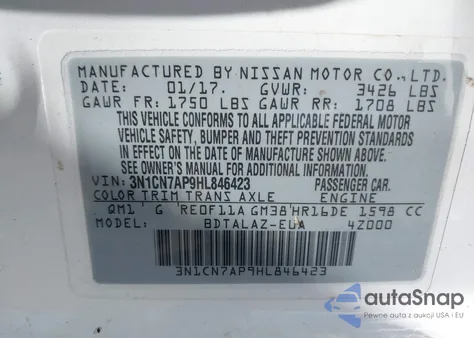 2017 Nissan Versa 1.6 S+ z USA, uszkodzony, nr VIN 3N1CN7AP9HL846423